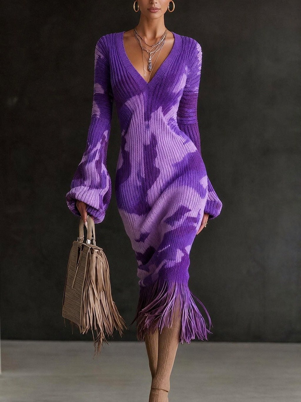 Printed Fringe Knit Dress