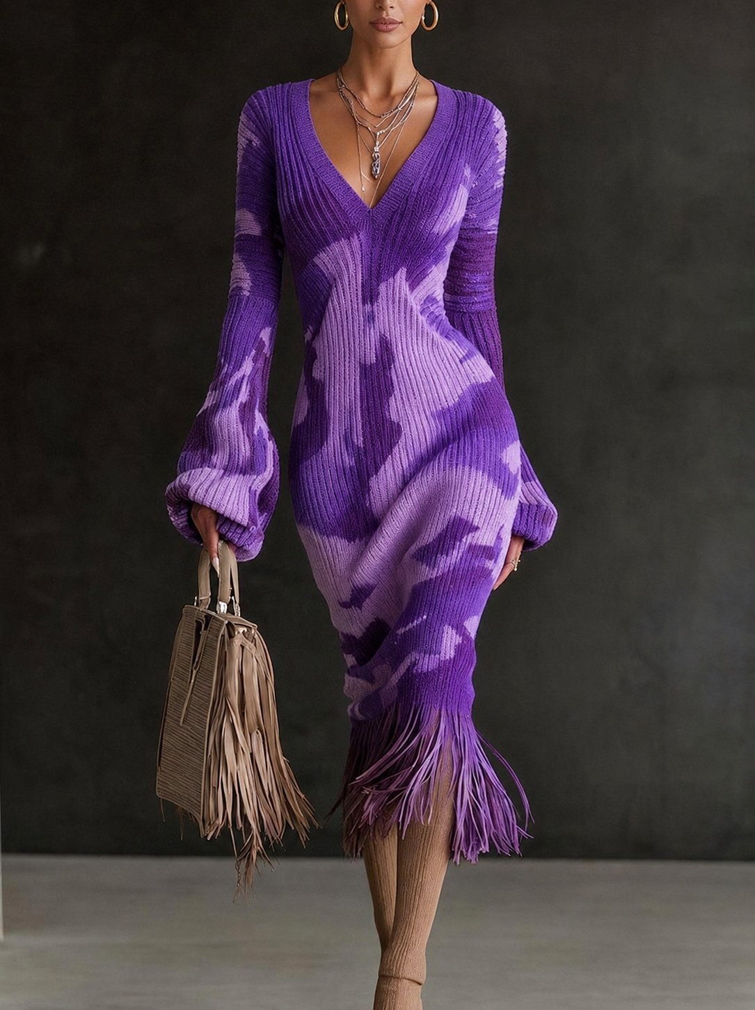 Printed Fringe Knit Dress