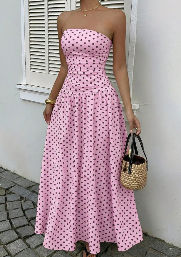 Retro Polka Dot Strapless Maxi Dress