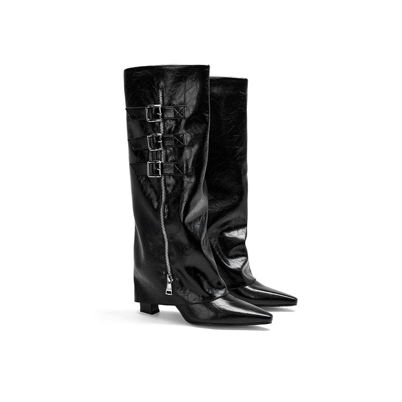 Pleated Pointed Toe Knee-High Boots