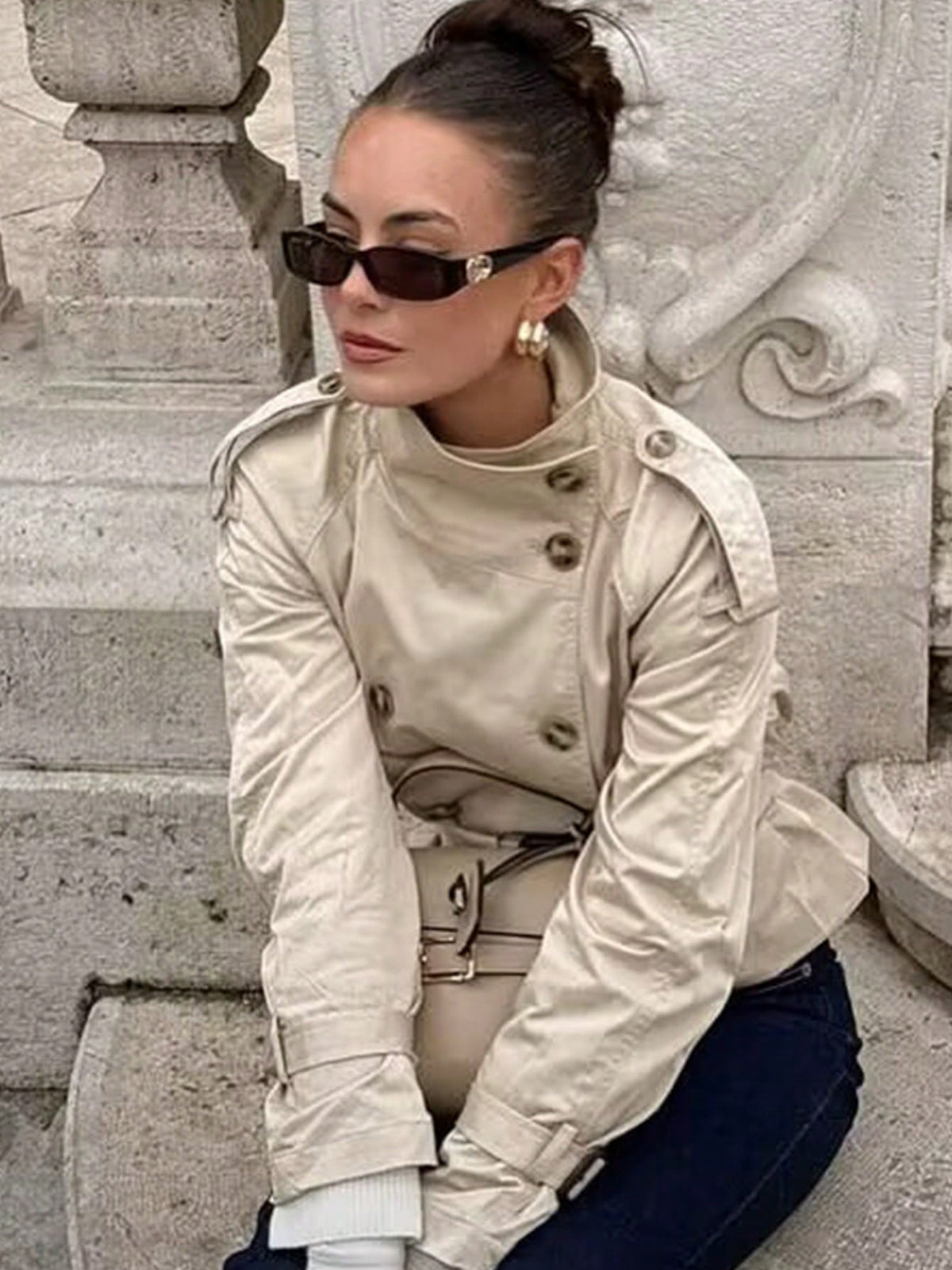 Women's Buckle-Trim Cropped Trench Coat
