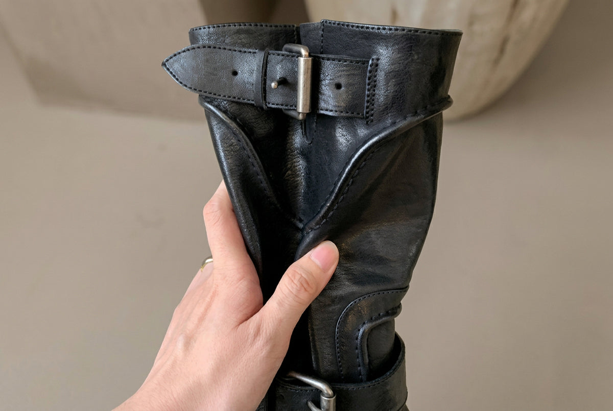 Buckle Leather Riding Boots
