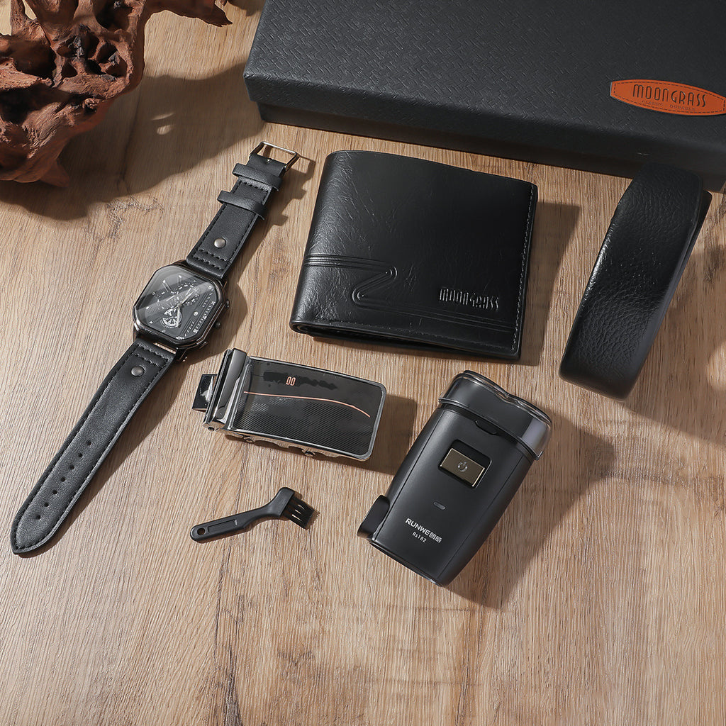 Men's Generous Dial Belt Quartz Watch Wallet Razor Belt Five Piece Black Gift Set