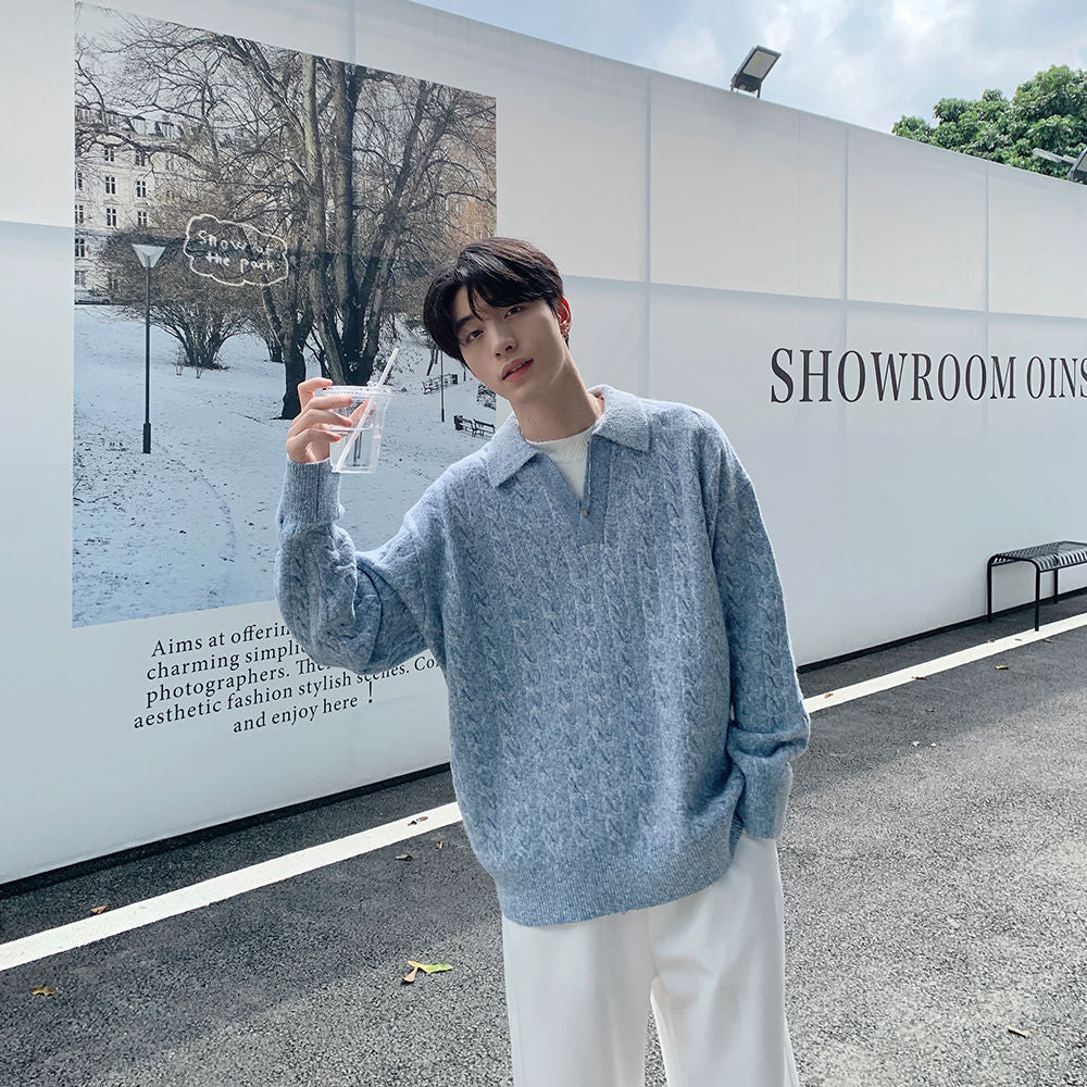 Faux Two-Piece Collared Knit Pullover