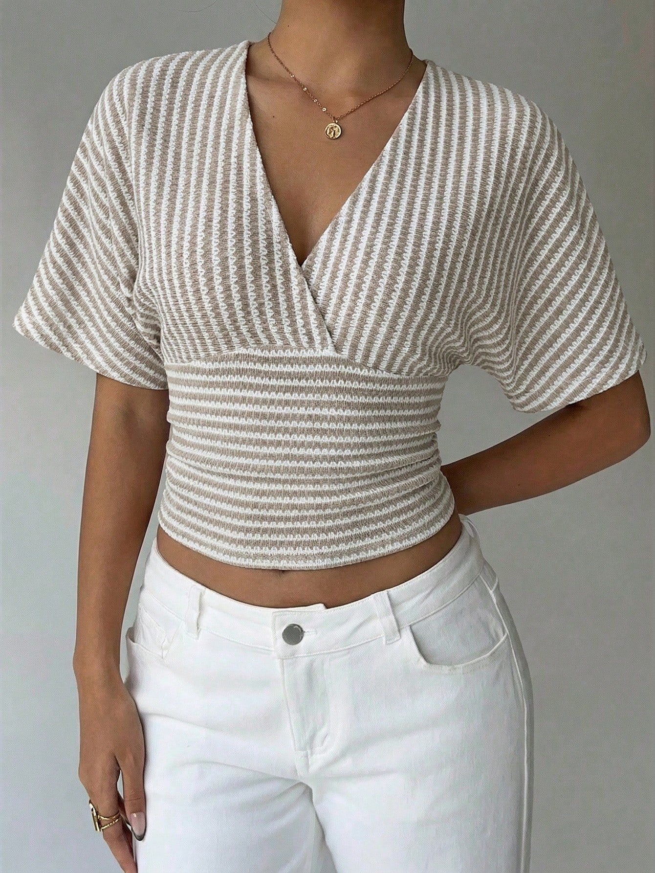 Striped V Neck Batwing Sleeve Wrap Top