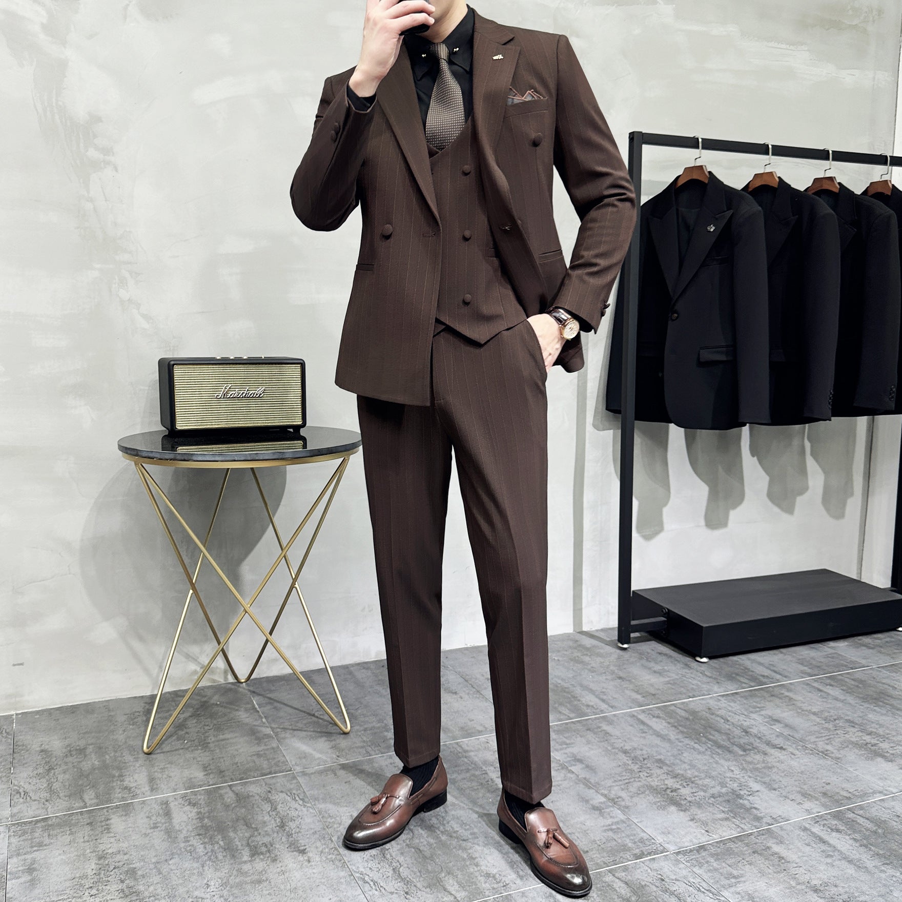 Men’s Pinstripe Double-Breasted Three-Piece Suit