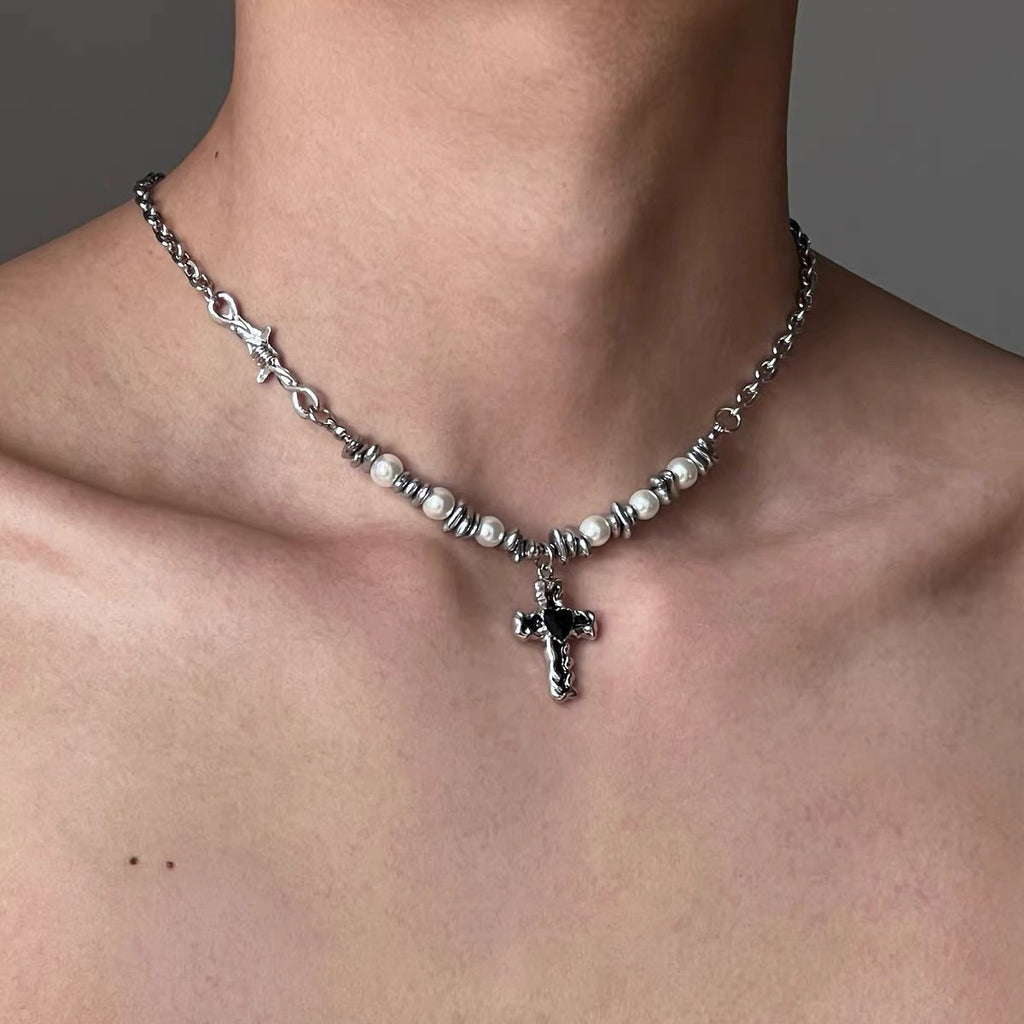 New 2025 pearl special-shaped stone splicing cross necklace versatile personality collarbone niche design for men and women hip-hop
