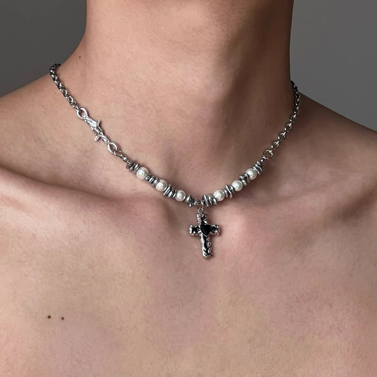 New 2025 pearl special-shaped stone splicing cross necklace versatile personality collarbone niche design for men and women hip-hop