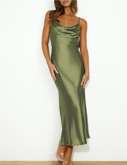 Elegant Satin Cowl Neck Slip Maxi Dress,