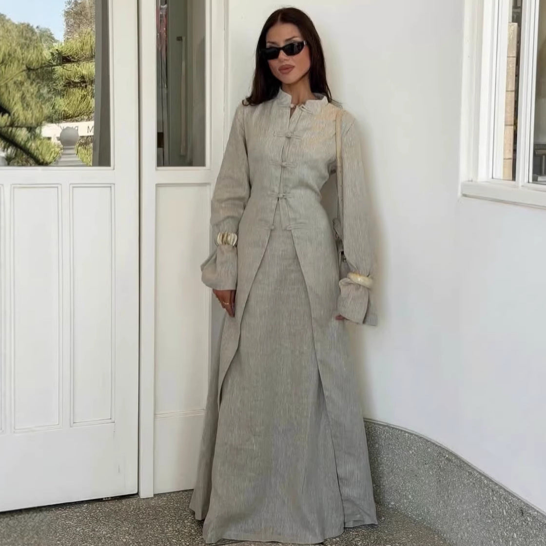 Elegant Traditional Frog Button Long Coat and Skirt Set