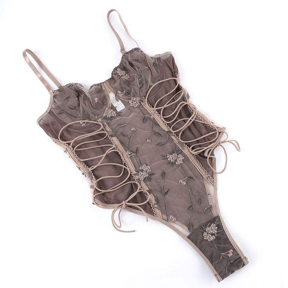 Floral Embroidered Lace Up Bodysuit