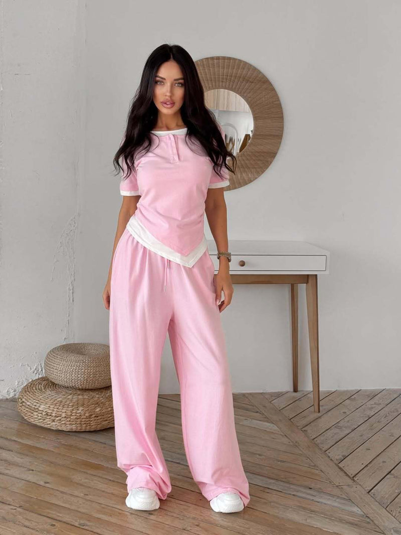 Layered Short Sleeve Top and Wide Leg Trousers Set