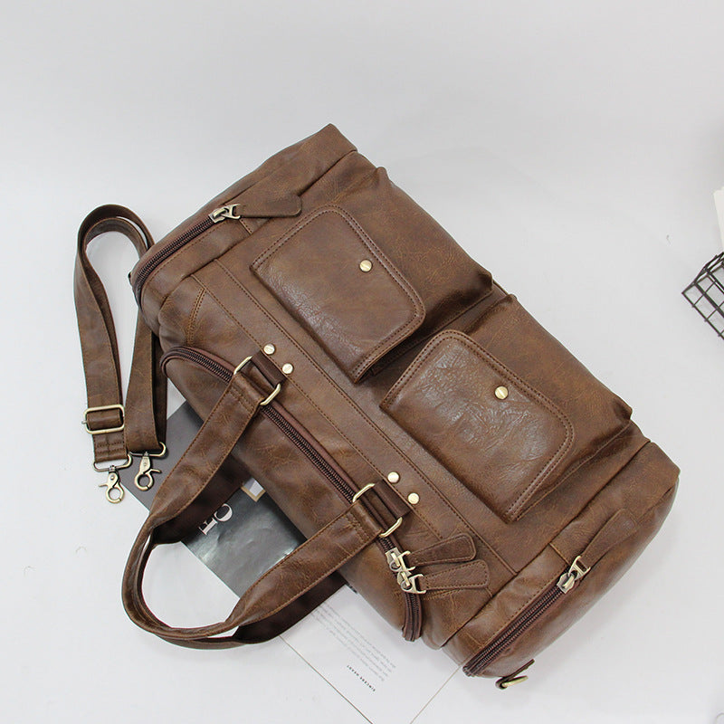 Men's Large Capacity Vintage Duffle Bag, Gym Bag, Multi Pocket, One Shoulder Crossbody Bag, Short Business Travel Bag, Men's Bag