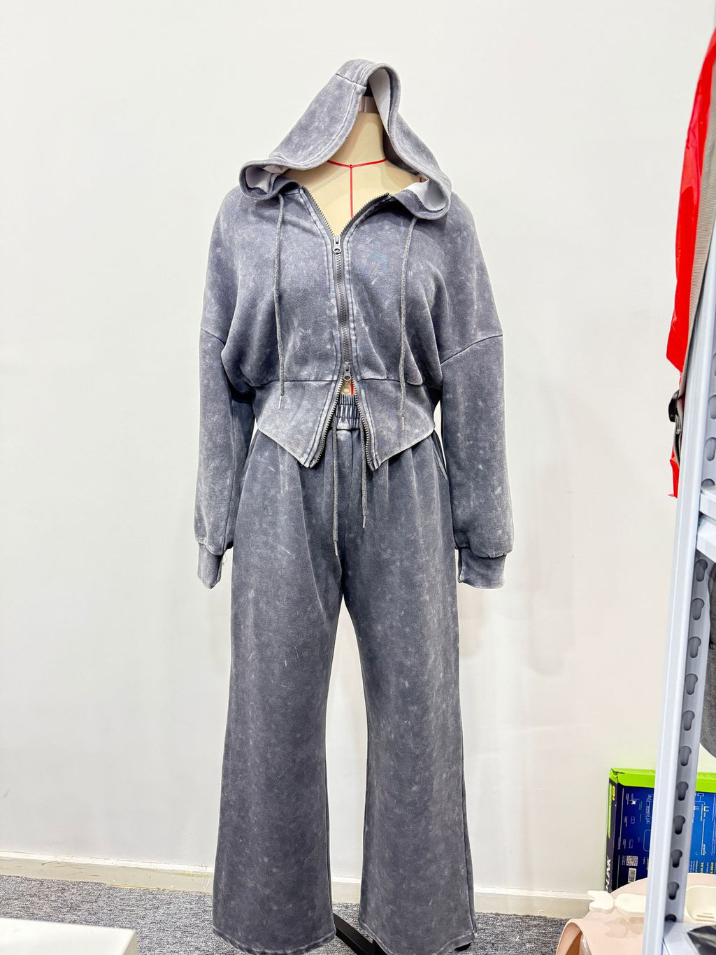 Acid Wash Zip Up Hoodie and Wide Leg Sweatpants Set