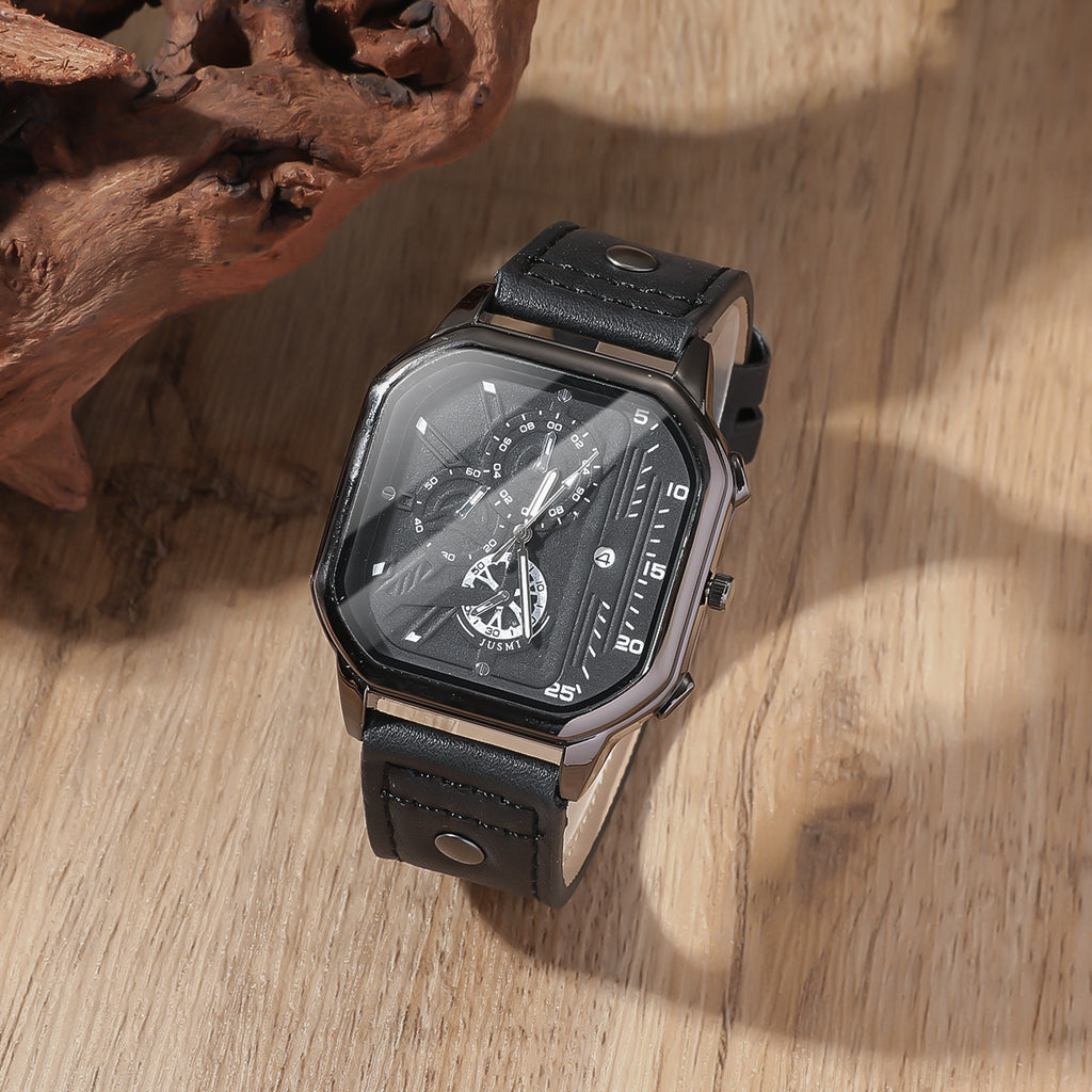 Men's Generous Dial Belt Quartz Watch Wallet Razor Belt Five Piece Black Gift Set