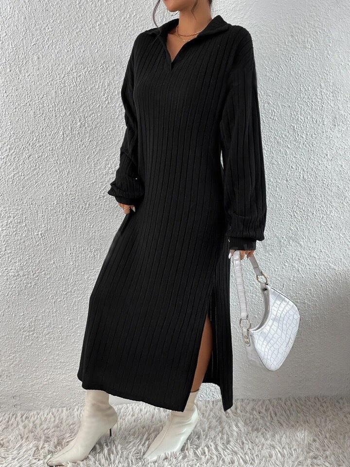 Polo Collar Ribbed Knit Dress