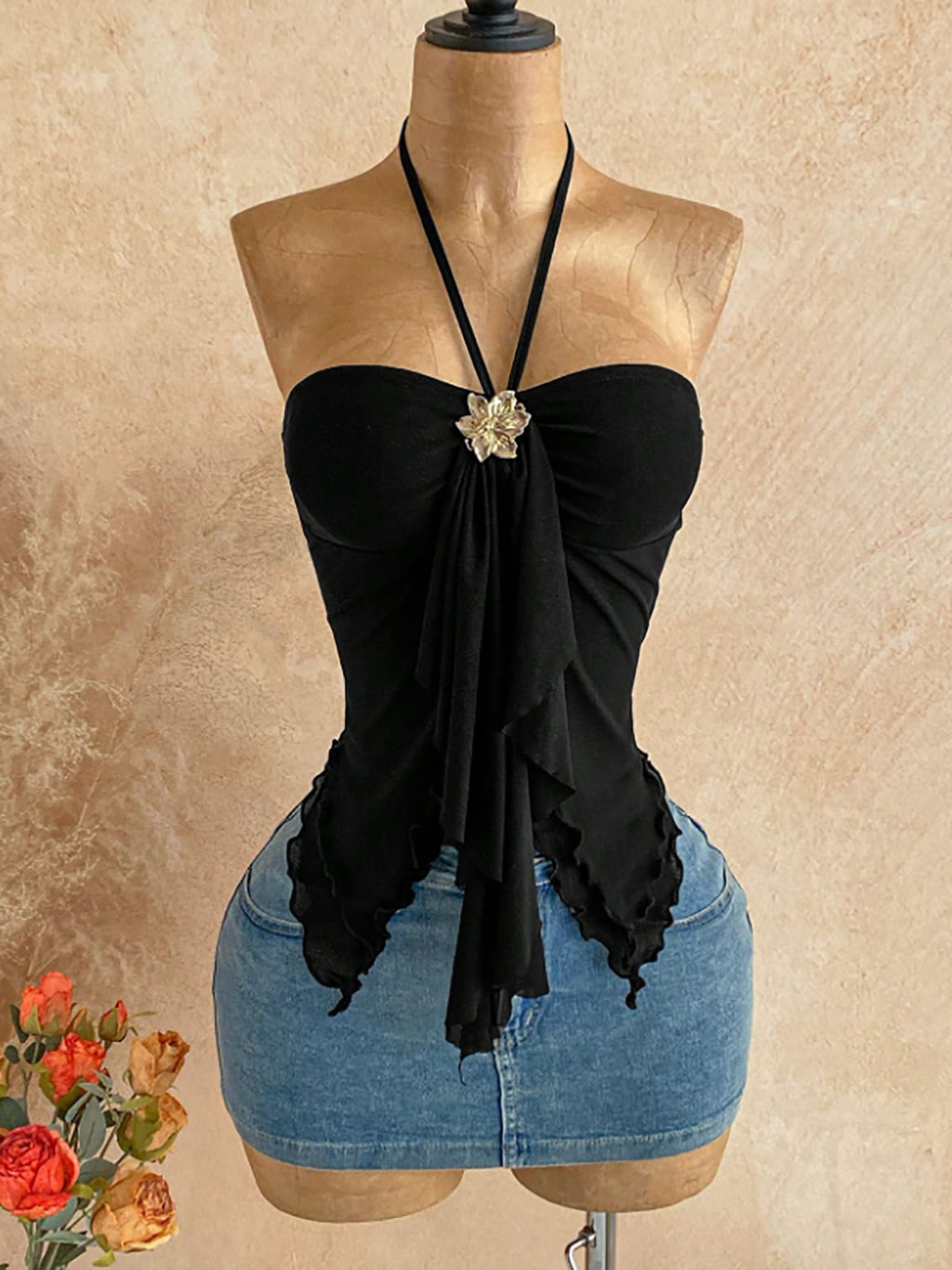 Floral Accent Mesh Halter Top
