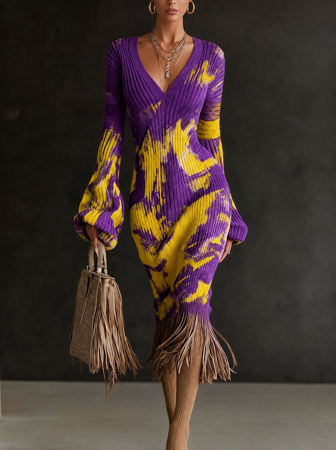 Printed Fringe Knit Dress