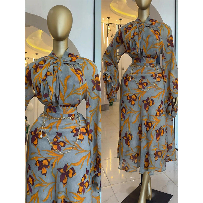 Tie-Neck Lantern-Sleeve Printed Dress