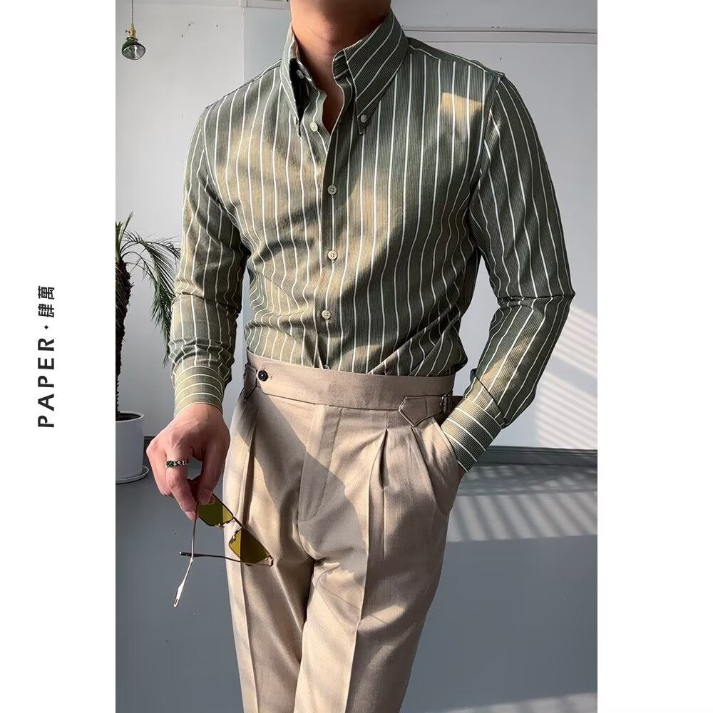 Men's Classic Gurkha-Style Trousers & Striped Dress Shirt