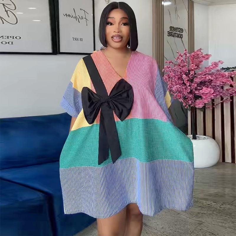 V-Neck Striped Patchwork Bow Dress
