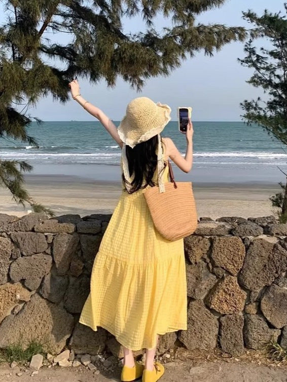 Yellow Plaid Sleeveless Maxi Dress