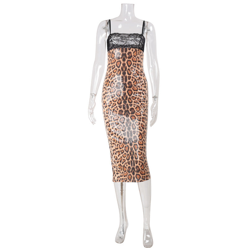 Leopard Print Lace Contrast Sequin Evening Maxi Dress