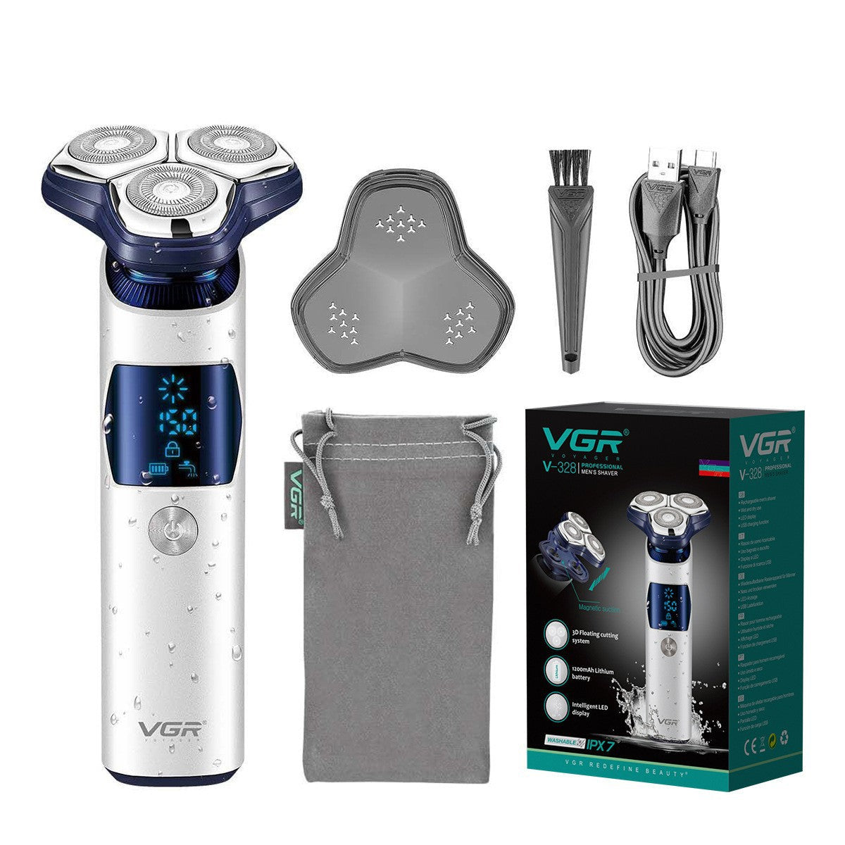 VGR328 Cross-border New Men's Shave LCD Digital Display IPX7 Washed Three-Head Floating Electric Shaver