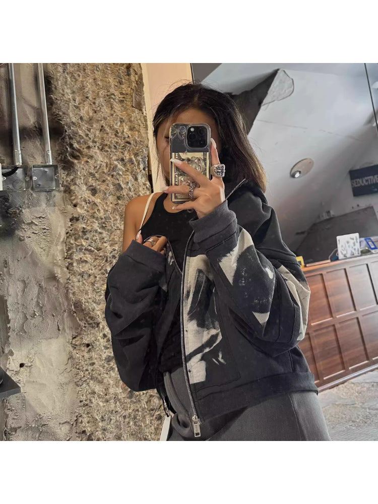 Distressed Graphic Zip-Up Hoodie