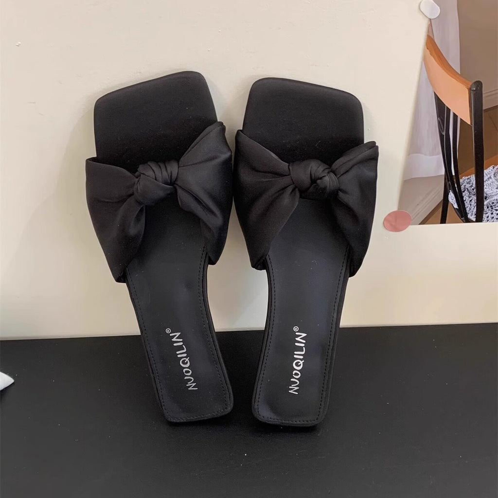 Satin Bow Low-Heel Sandals