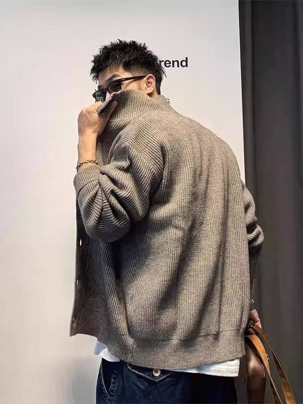 Ribbed Mock-Neck Buttoned Cardigan