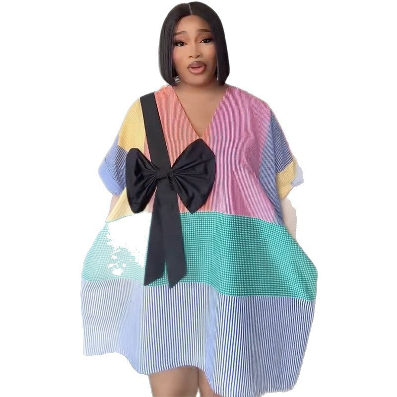 V-Neck Striped Patchwork Bow Dress