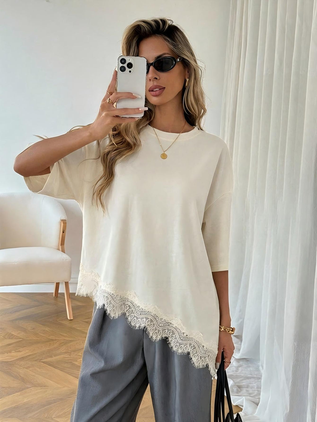 Premium Asymmetric Lace Hem Tee