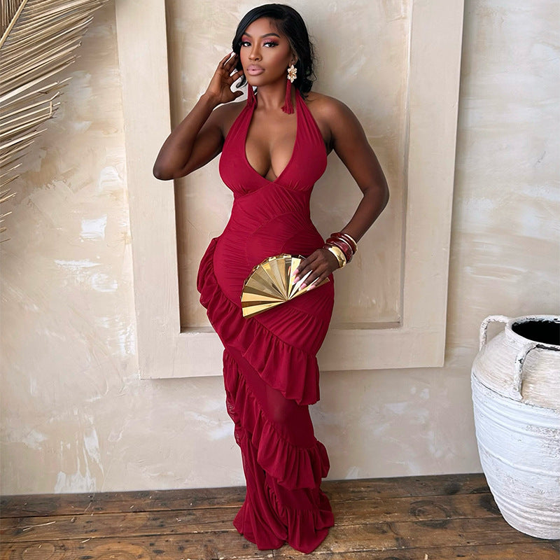 V-Neck Tie Ruffle Bodycon Dress