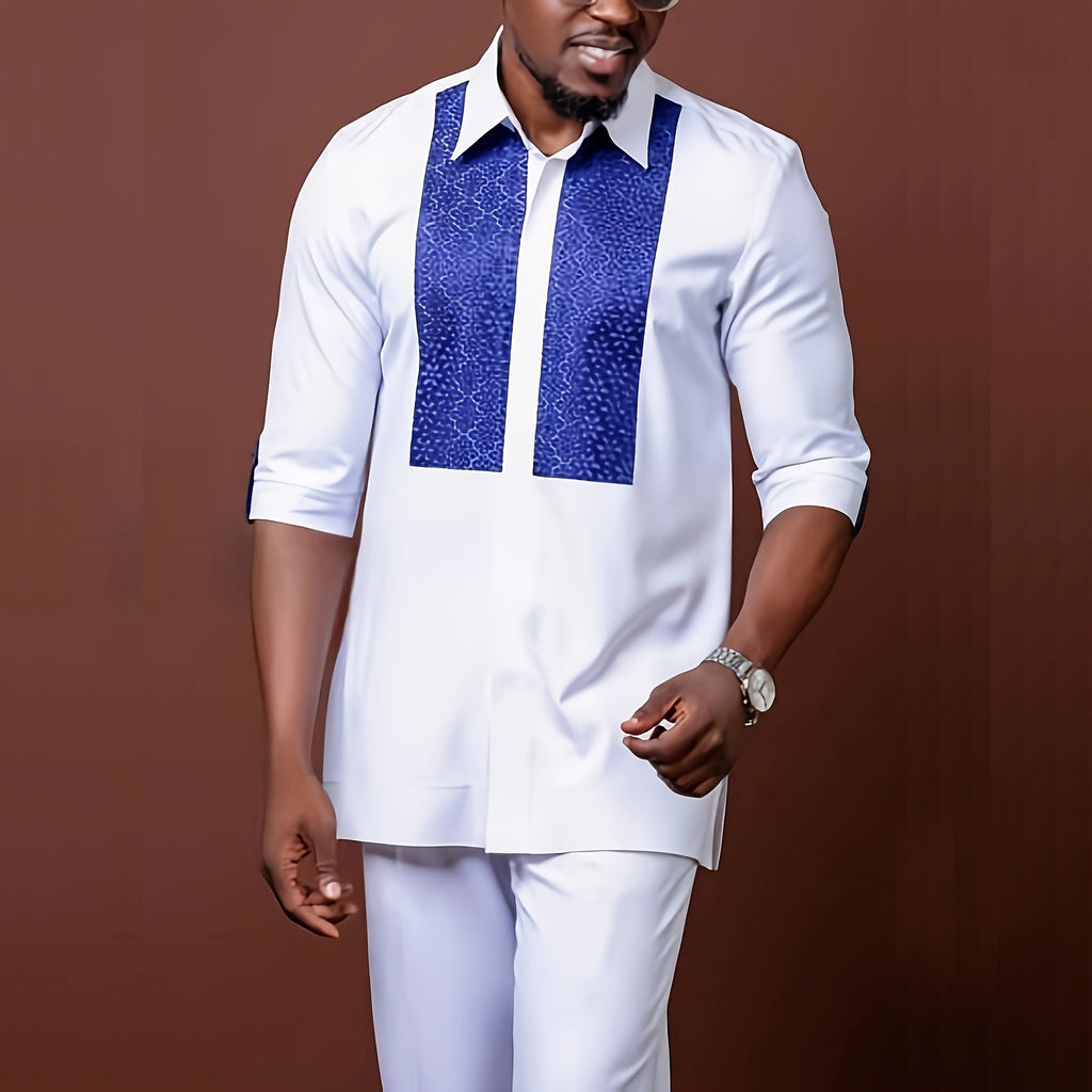 Traditional Muslim African Style Men Wedding New Suit 2 Piece Set Round Neck Long Sleeve Top Plus Pants Foreign Trade