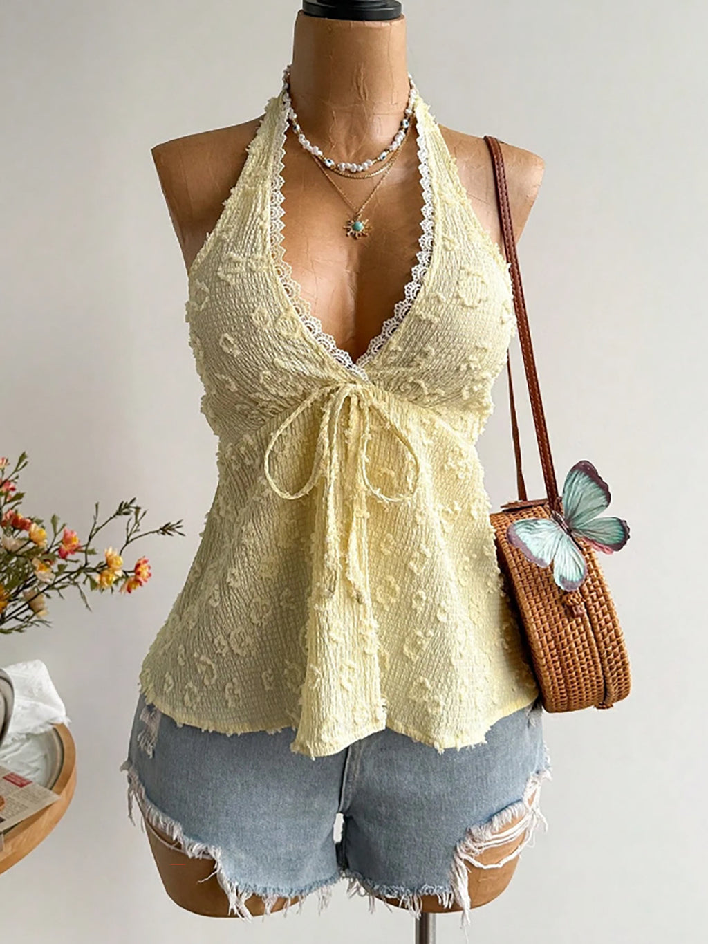 Textured Lace Trim Halter Top
