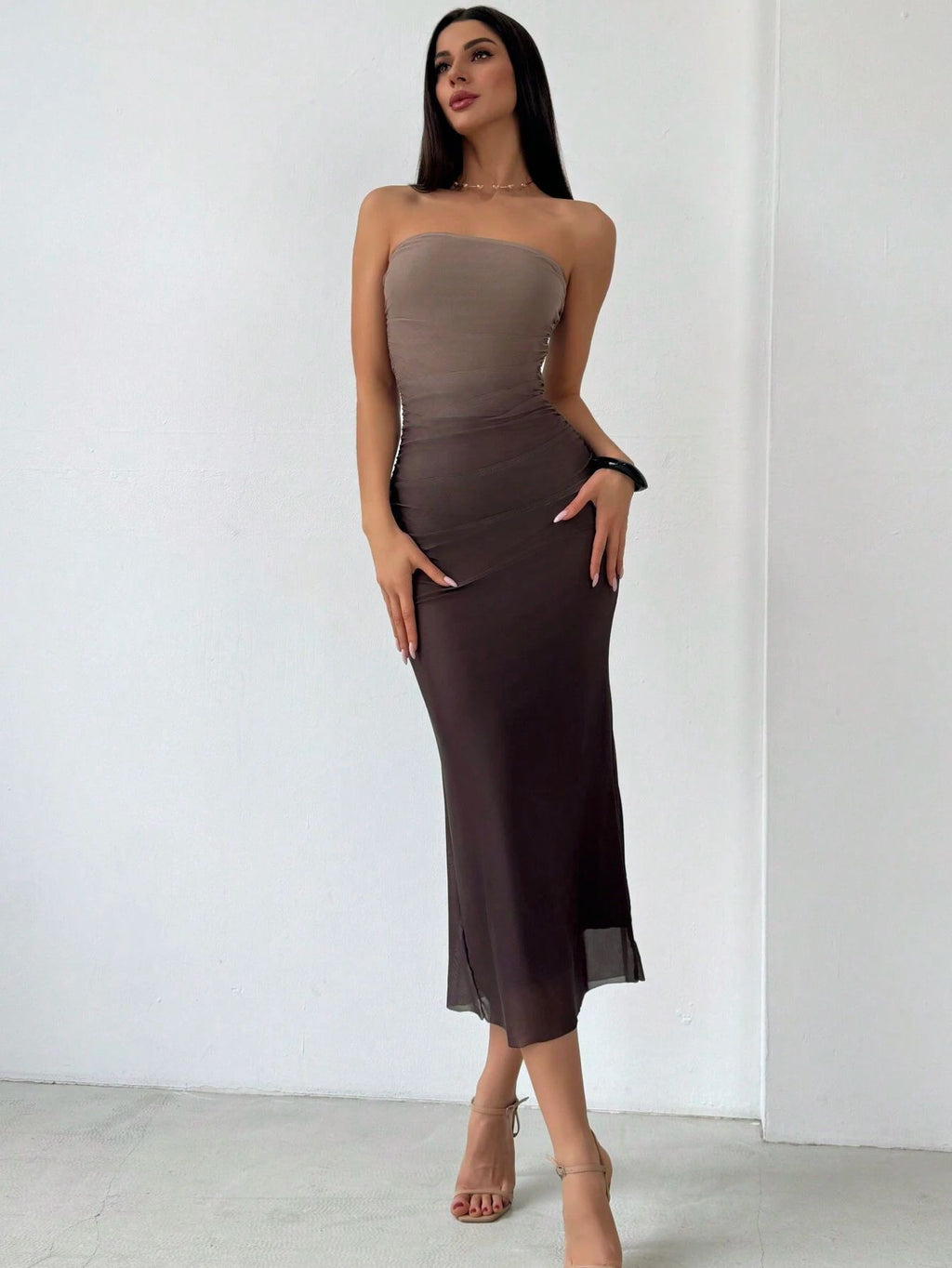 Sleek Strapless Mesh Ruched Maxi Dress.