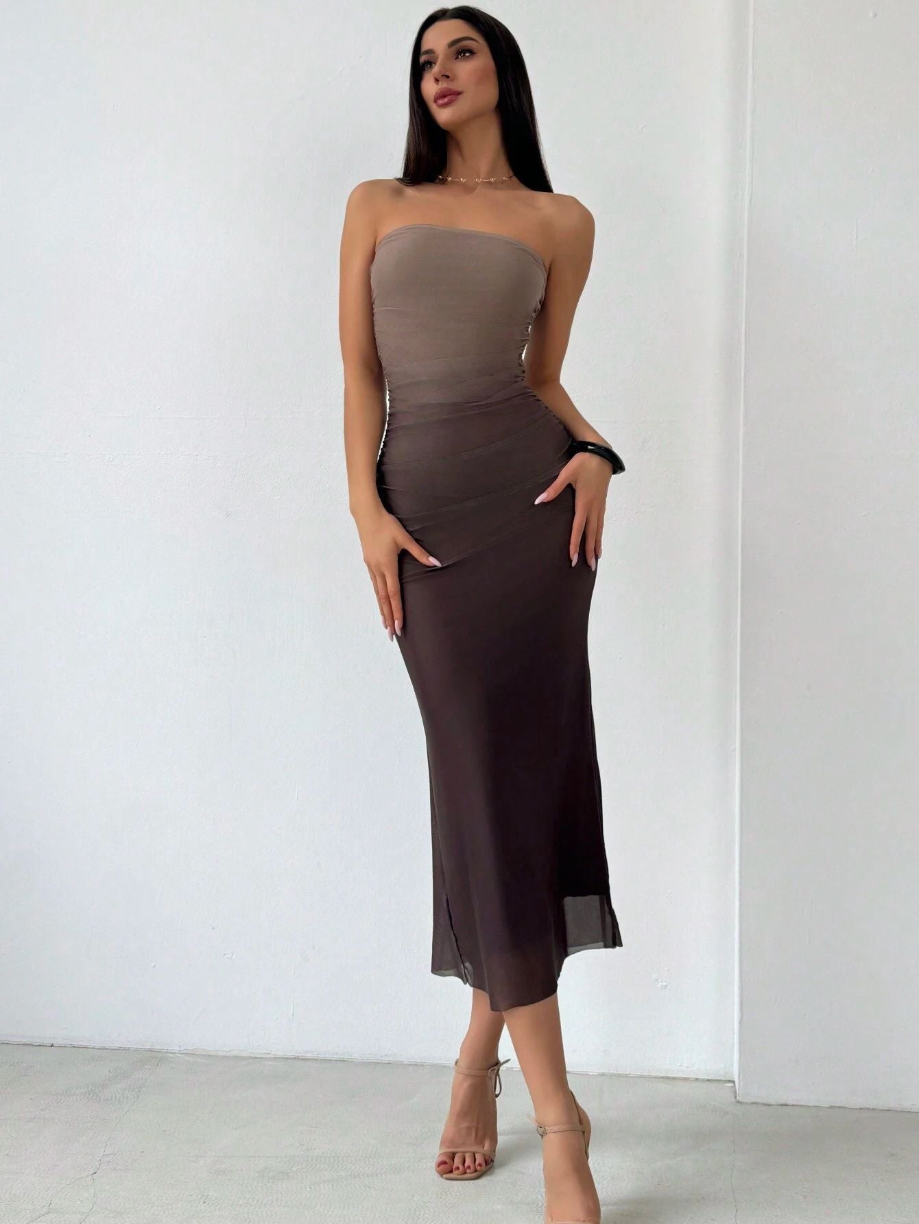 Sleek Strapless Mesh Ruched Maxi Dress.