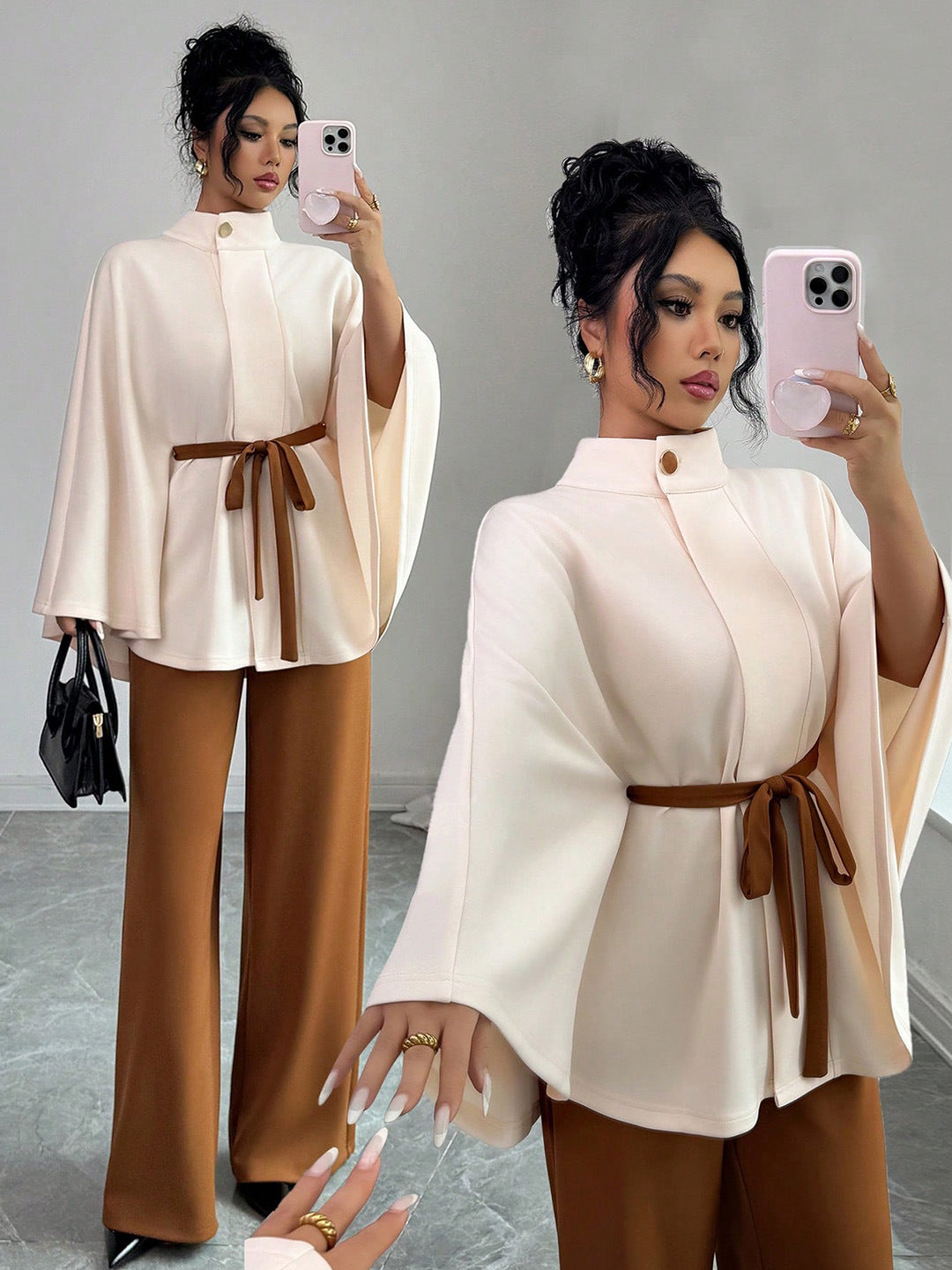 Elegant Cape Sleeve Belted Jacket