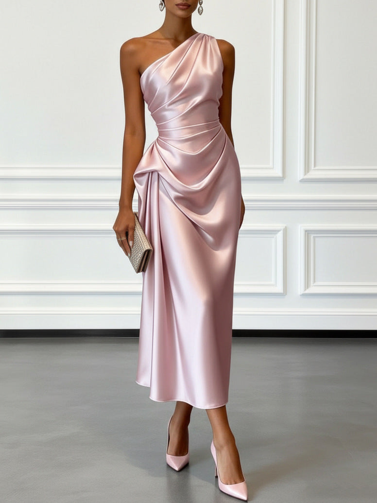 One-Shoulder Draped Dress - Pink