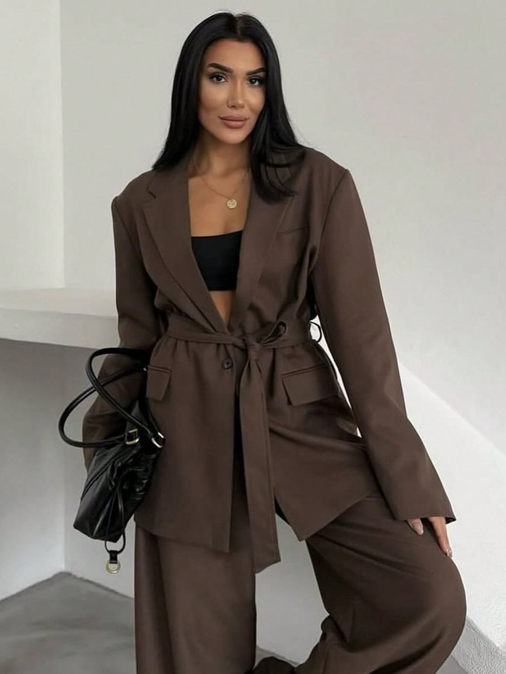 Women's Brown Belted Tailored Blazer