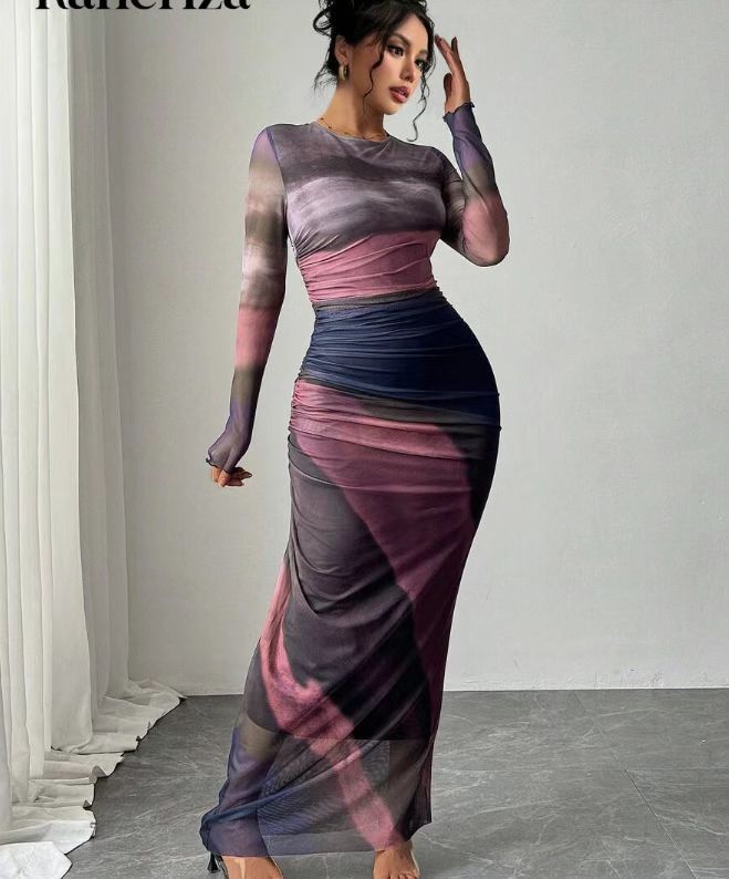 Elegant Printed Mesh Ruched Maxi Dress