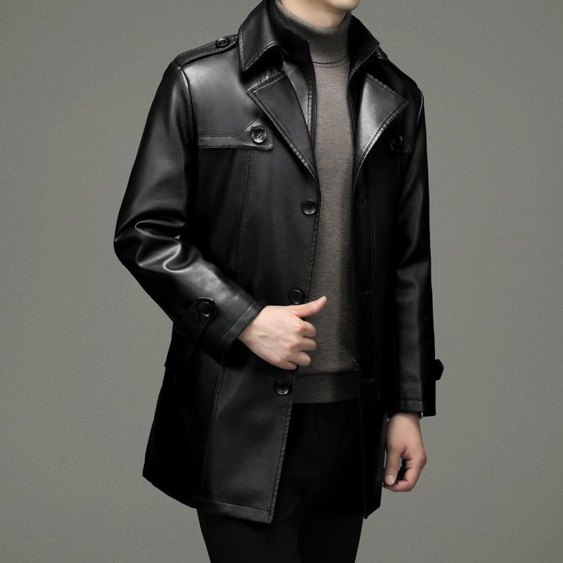 Mid Length PU Leather Trench Coat