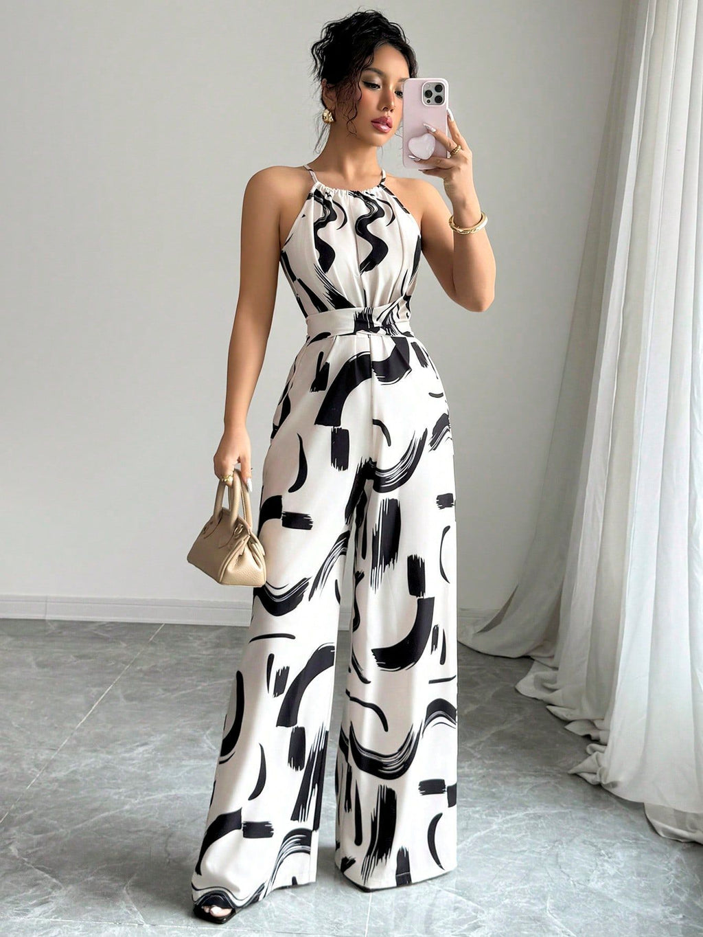 Abstract Print Halter Jumpsuit