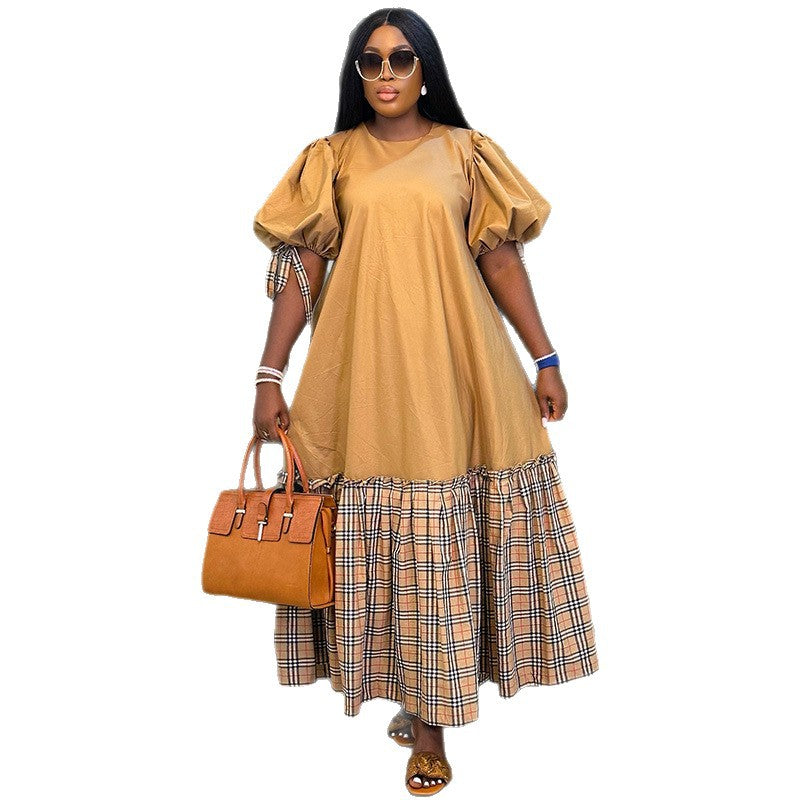 Puff-Sleeve Plaid Patchwork Dress
