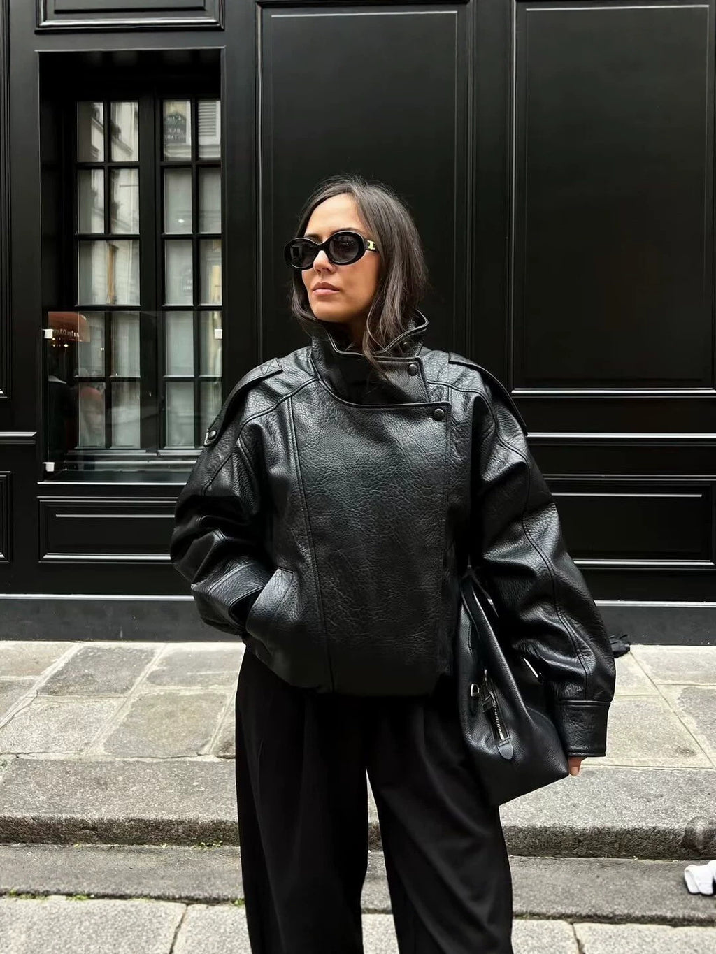Oversized Faux Leather Bomber Jacket