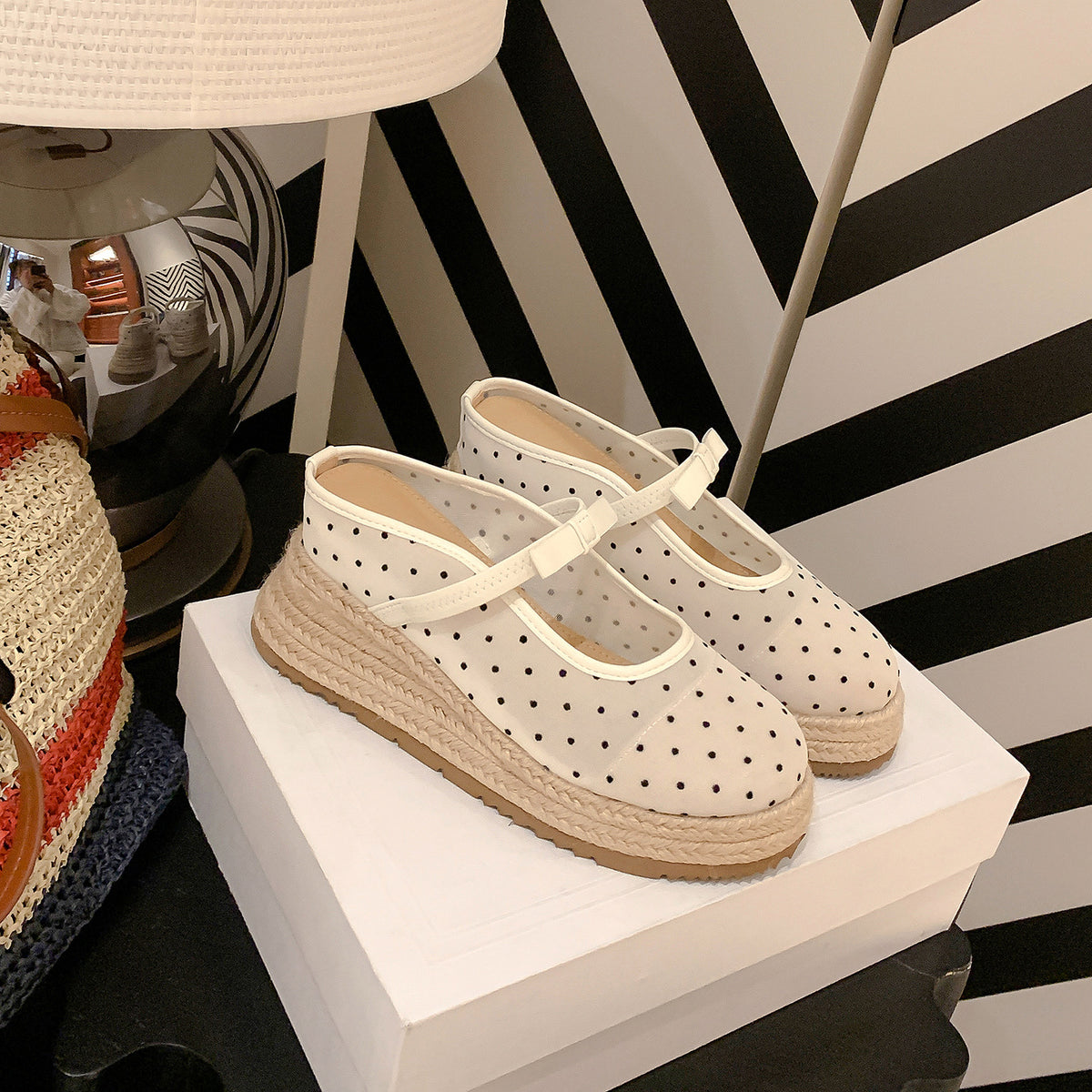 Polka-Dot Mesh Wedge Mules