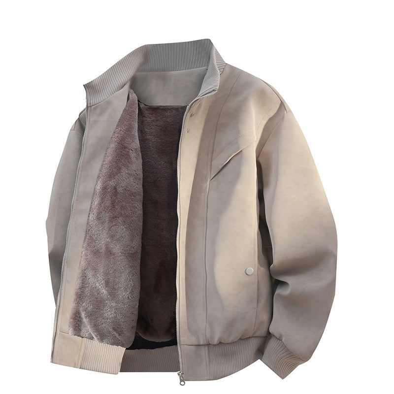 Fleece-Lined Suede Bomber Jacket