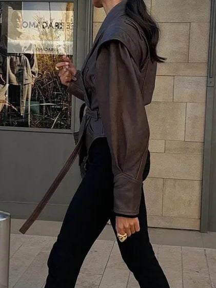 Elegant Faux Leather Belted Jacket