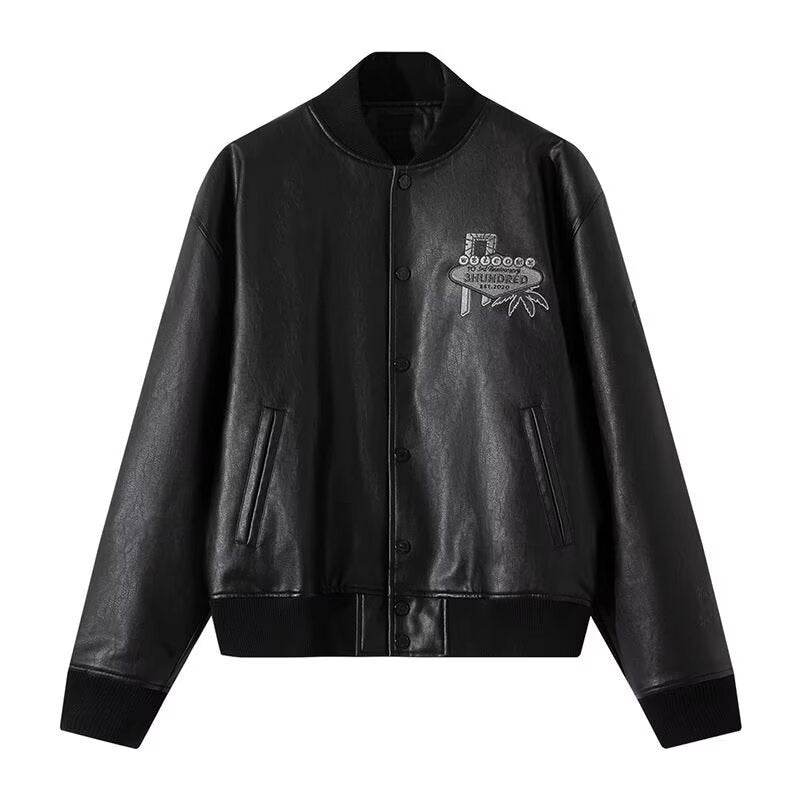 Embroidered PU Leather Varsity Jacket